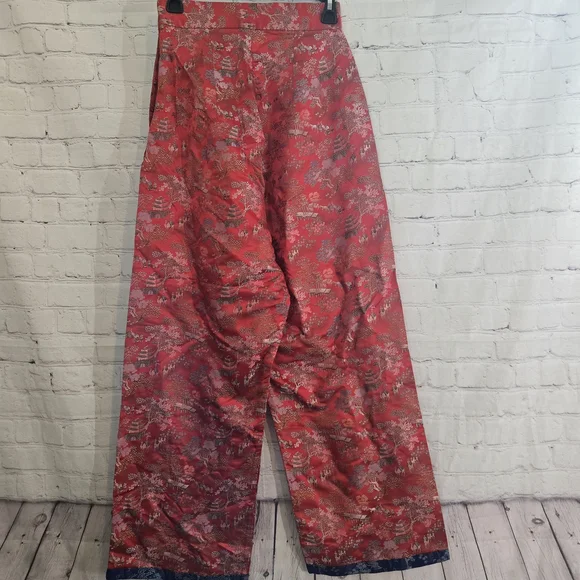 Vtg 40s? Traditional Chinese Brocade Wide Leg Silk Satin Pants Temple Lanscape